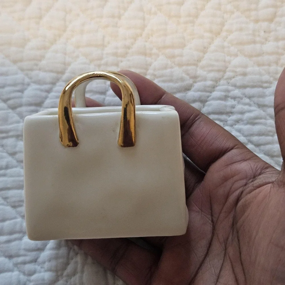 Miniature White Porcelain‎ Shopping Gift Bag Gold Gilded handle Decor bud vase